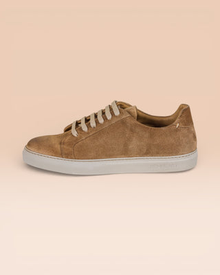 Benheart Leclerc men’s taupe suede leather low-top sneakers, side view.