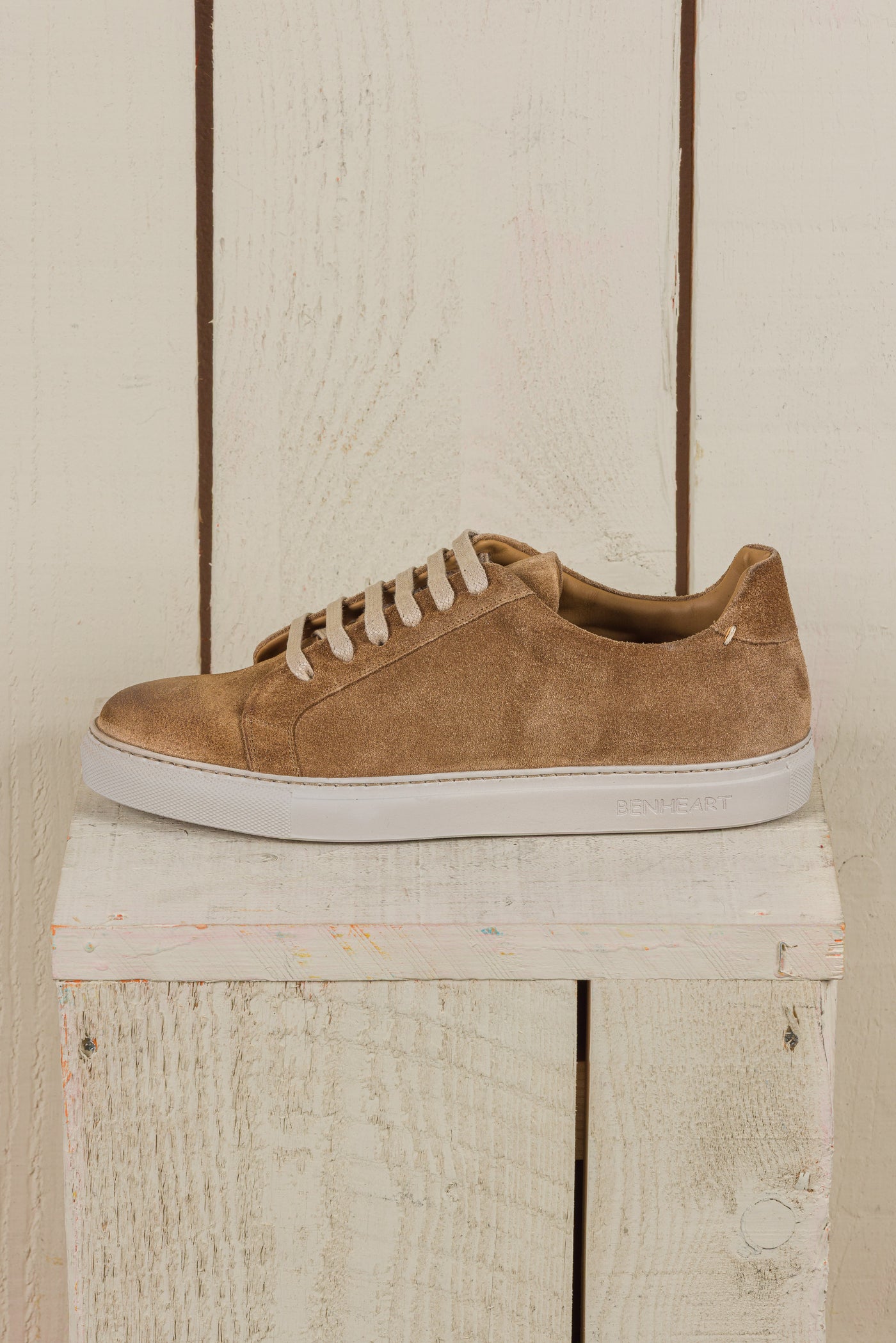 Benheart Leclerc men’s taupe suede leather low-top sneakers, side view.