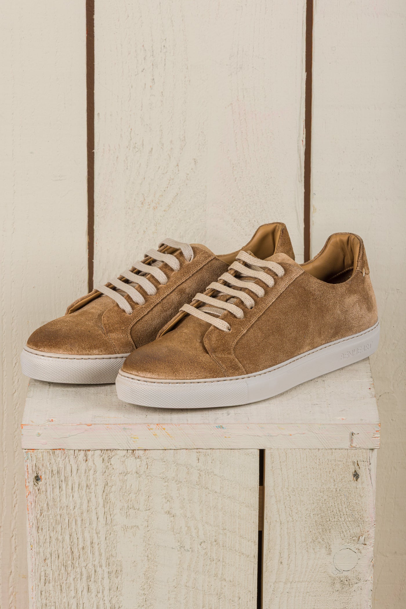 Benheart Leclerc men’s taupe suede leather low-top sneakers, front angled view.