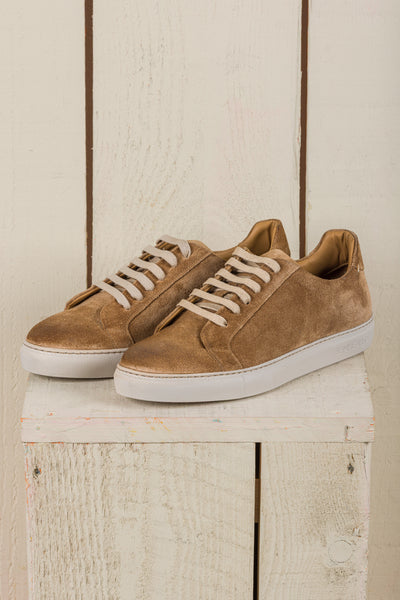 Benheart Leclerc men’s taupe suede leather low-top sneakers, front angled view.