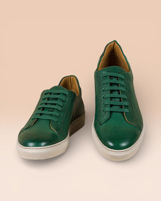 Benheart Leclerc men’s green leather low-top sneakers, front angled and top view.