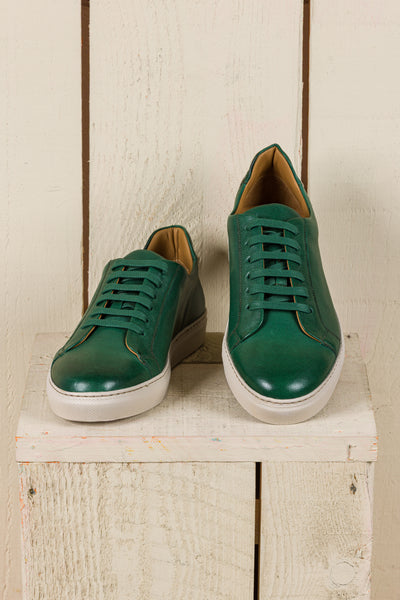 Benheart Leclerc men’s green leather low-top sneakers, front angled and top view.