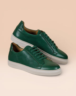 Benheart Leclerc men’s green leather low-top sneakers, side angled view.