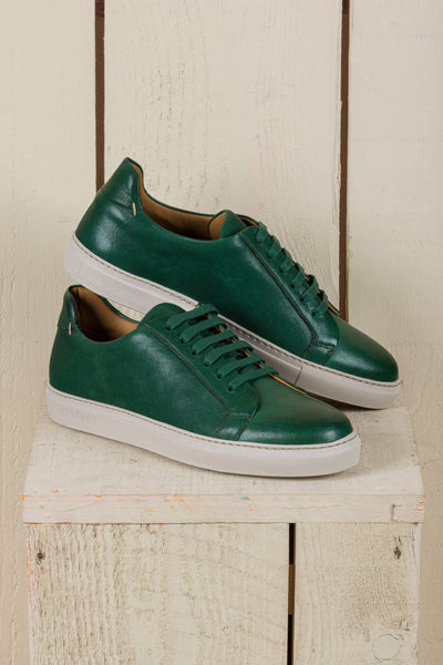 Benheart Leclerc men’s green leather low-top sneakers, side angled view.