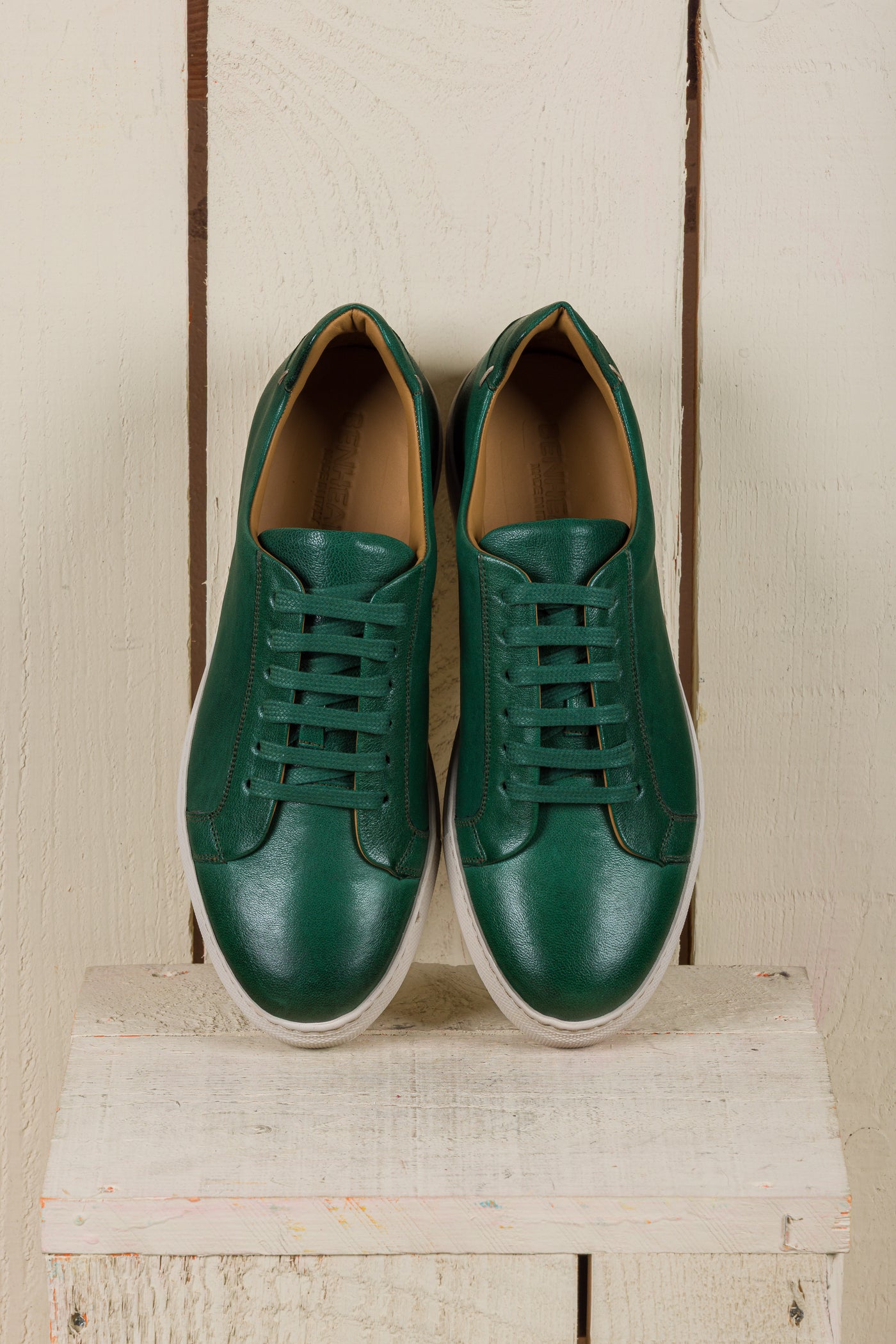 Benheart Leclerc men’s green leather low-top sneakers, top view.