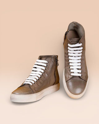Front angled and top view of Lombardi 1022 unisex corda leather high-top sneakers with rubber soles by Benheart.