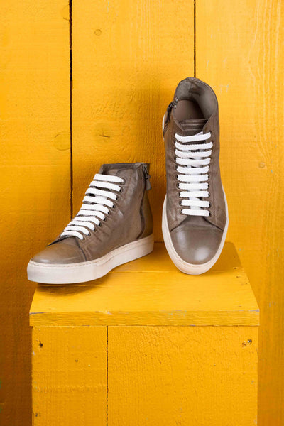 Front angled and top view of Lombardi 1022 unisex corda leather high-top sneakers with rubber soles by Benheart.