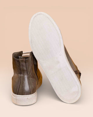 Rear view of Lombardi 1022 unisex corda leather high-top sneakers with rubber soles by Benheart.