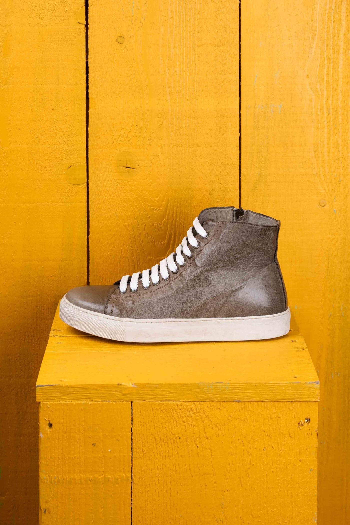 Side view of Lombardi 1022 unisex corda leather high-top sneakers with rubber soles by Benheart.