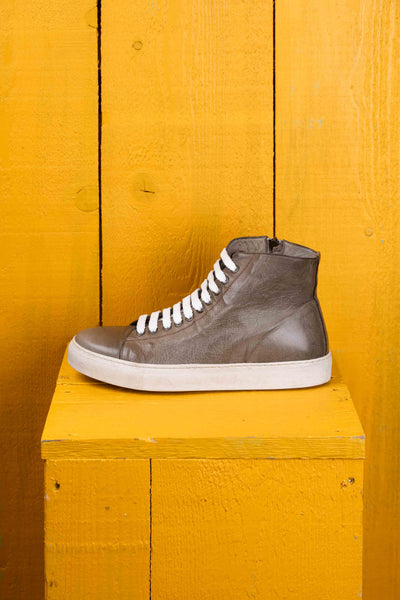 Side view of Lombardi 1022 unisex corda leather high-top sneakers with rubber soles by Benheart.