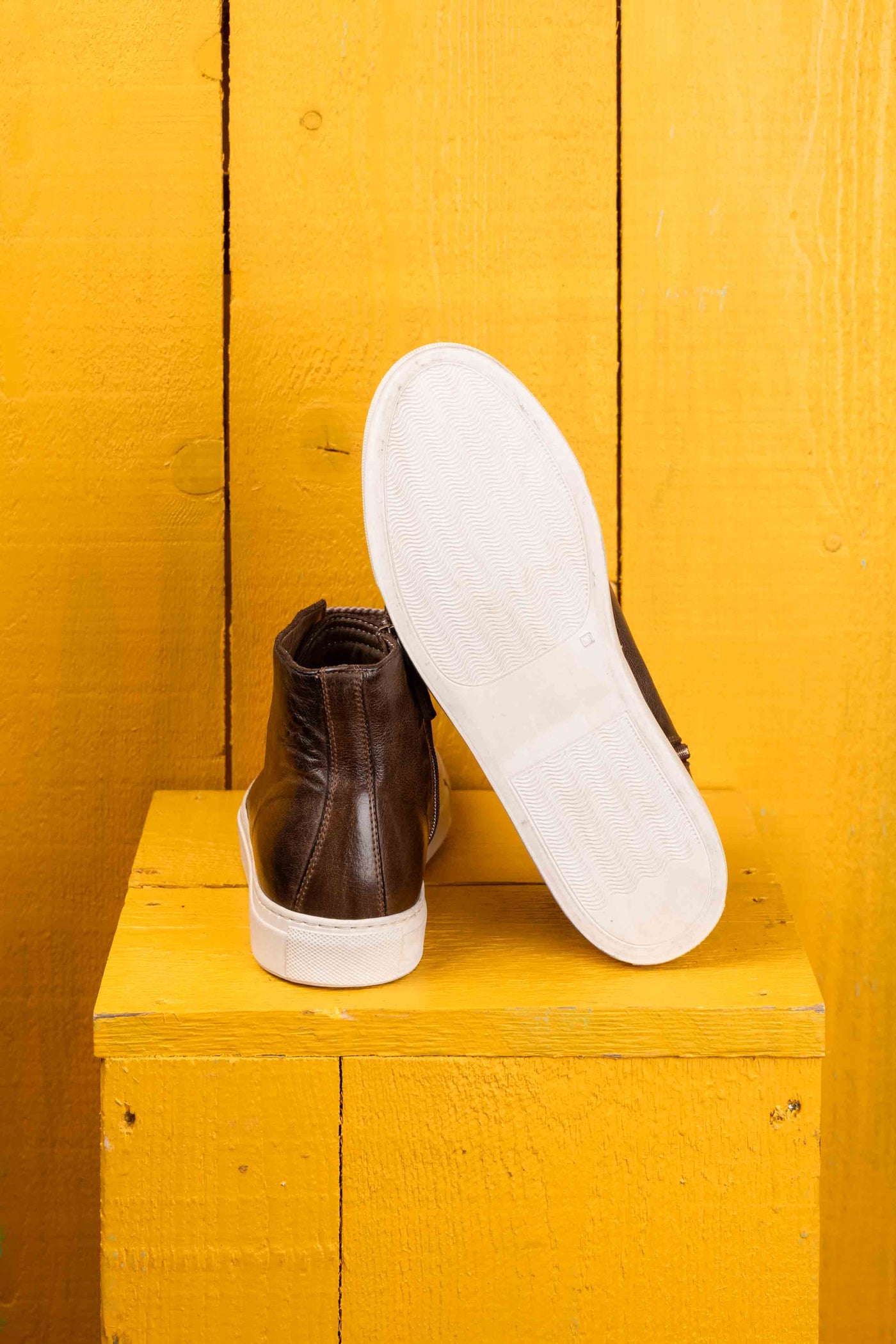 Rear view of Lombardi 1022 unisex moor leather high-top sneakers with rubber soles by Benheart.