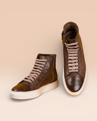 Front angled and top view of Lombardi 1022 unisex moor leather high-top sneakers with rubber soles by Benheart.