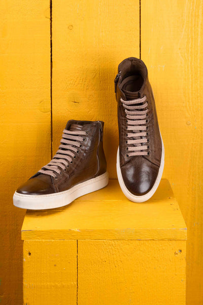 Front angled and top view of Lombardi 1022 unisex moor leather high-top sneakers with rubber soles by Benheart.