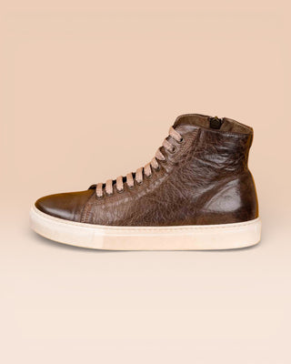 Side view of Lombardi 1022 unisex moor leather high-top sneakers with rubber soles by Benheart.