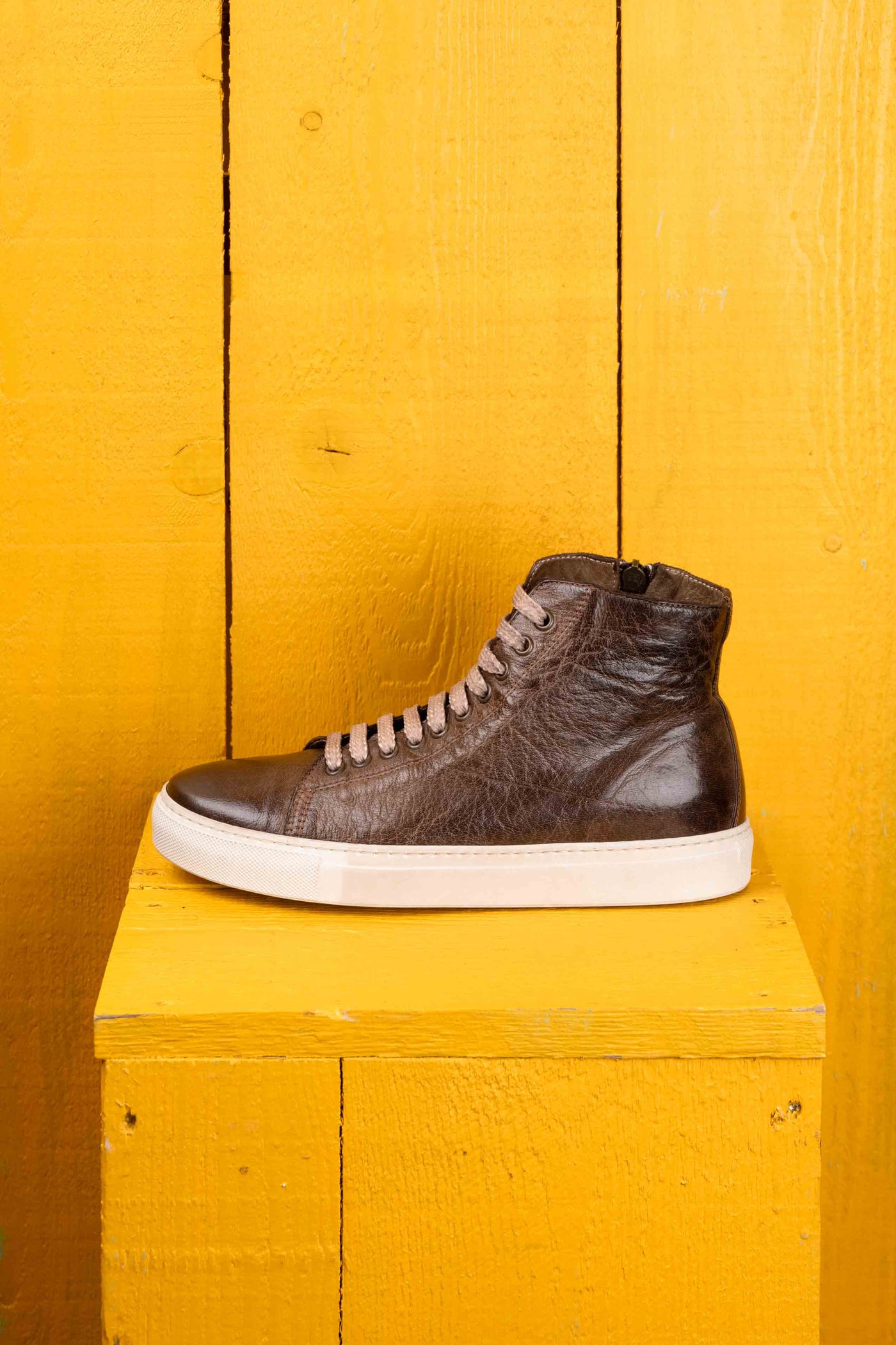 Side view of Lombardi 1022 unisex moor leather high-top sneakers with rubber soles by Benheart.