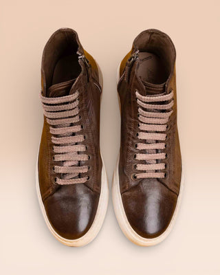 Top view of Lombardi 1022 unisex moor leather high-top sneakers with rubber soles by Benheart.