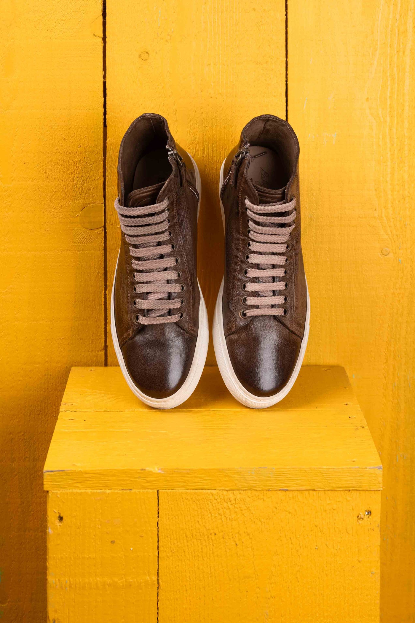 Top view of Lombardi 1022 unisex moor leather high-top sneakers with rubber soles by Benheart.