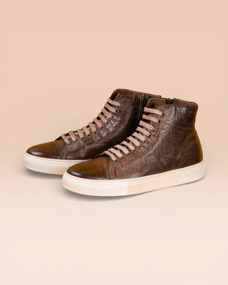 Front angled view of Lombardi 1022 unisex moor leather high-top sneakers with rubber soles by Benheart.