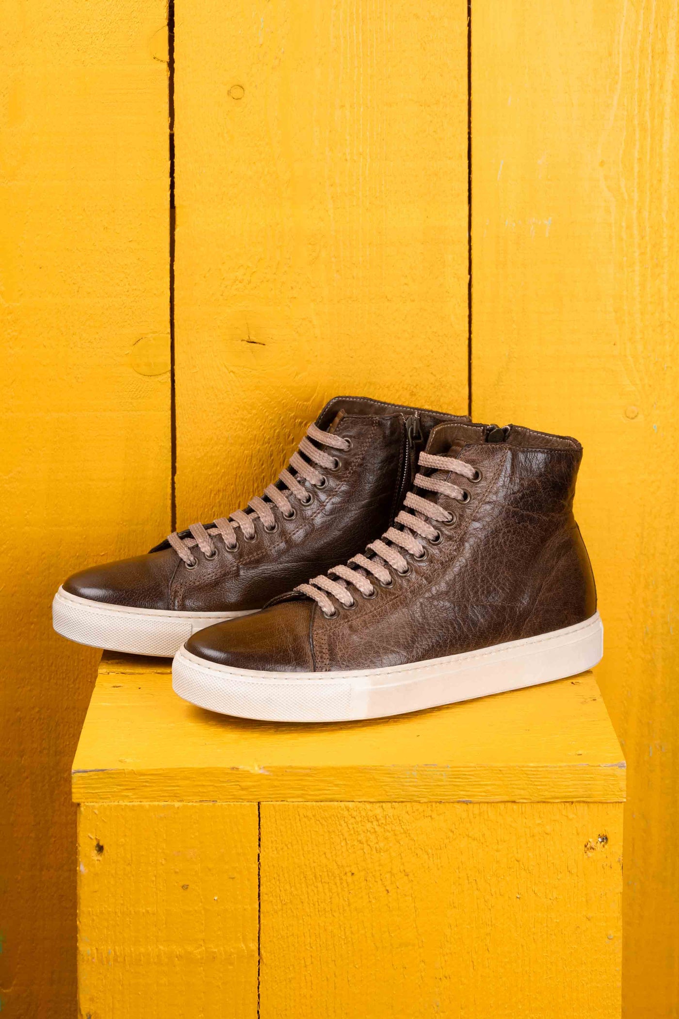 Front angled view of Lombardi 1022 unisex moor leather high-top sneakers with rubber soles by Benheart.