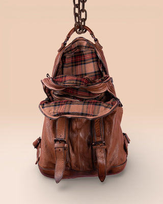 Benheart Lorenzo unisex leather backpack in cuoio, front view with open compartment showing interior.