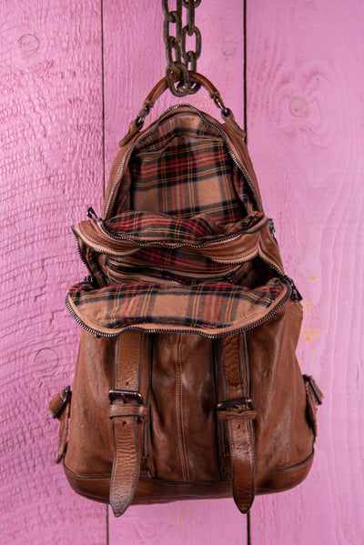 Benheart Lorenzo unisex leather backpack in cuoio, front view with open compartment showing interior.