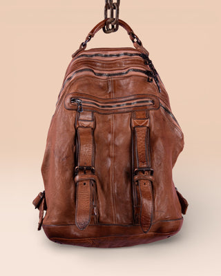 Front view of the Lorenzo unisex leather backpack in cuoio, showing front pockets and zipper details, handcrafted in Italy.