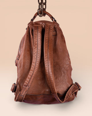 Benheart Lorenzo unisex leather backpack in cuoio, rear view showing adjustable shoulder straps.