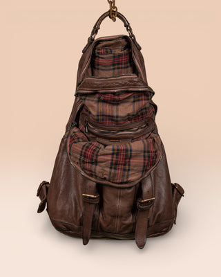 Benheart Lorenzo unisex leather backpack in brown, front view with open compartments showing interior.