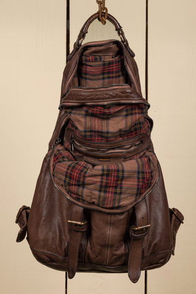 Benheart Lorenzo unisex leather backpack in brown, front view with open compartments showing interior.