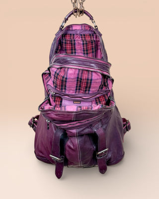 Benheart Lorenzo unisex leather backpack in plum, front view with open compartments showing interior.