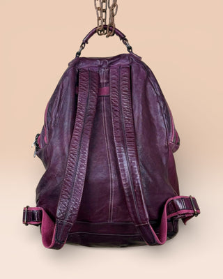 Benheart Lorenzo unisex leather backpack in plum, rear view showing adjustable shoulder straps.