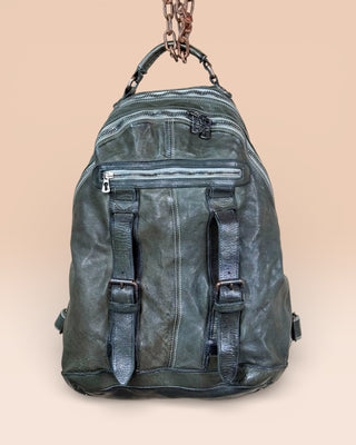 Lorenzo unisex leather backpack by Benheart in green, showing front pockets and zipper details, front view.