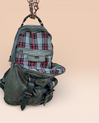 Benheart Lorenzo unisex leather backpack in green, front angled view with open compartments showing interior.