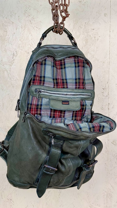 Benheart Lorenzo unisex leather backpack in green, front angled view with open compartments showing interior.
