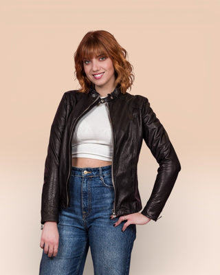 Lucia women's black leather jacket by Benheart, front pose, jacket open.