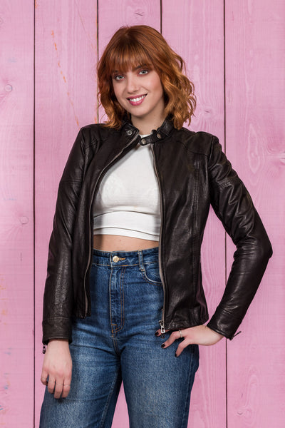 Lucia women's black leather jacket by Benheart, front pose, jacket open.