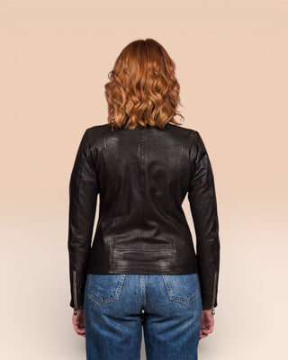 Rear view of Lucia women's black leather jacket for women by Benheart.