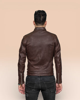Rear view of a model wearing the Madison leather jacket by Benheart in brown, handcrafted in Florence, Italy by Benheart.
