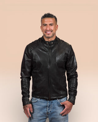 Front view of a model wearing the Madison leather jacket in black, handcrafted in Italy by Benheart.