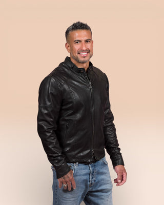 Front view of the Madison leather jacket by Benheart in black.