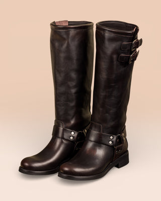 Benheart Maria 994 women's testa di moro leather boots with buckles and harness strap, front angled view.