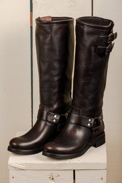 Benheart Maria 994 women's testa di moro leather boots with buckles and harness strap, front angled view.