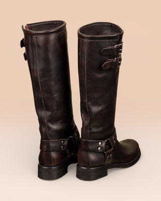 Benheart Maria 994 women's testa di moro leather boots with buckles and harness strap, rear view.