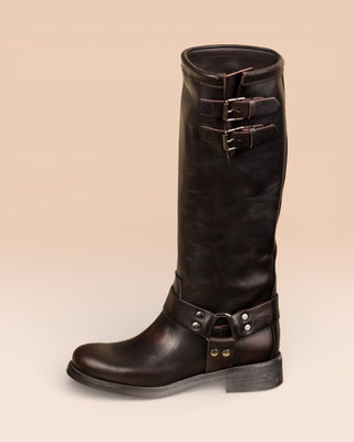 Benheart Maria 994 women's testa di moro leather boots with buckles and harness strap, side view.