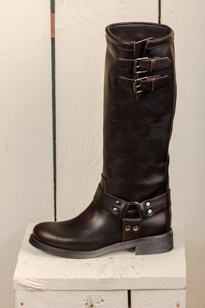 Benheart Maria 994 women's testa di moro leather boots with buckles and harness strap, side view.