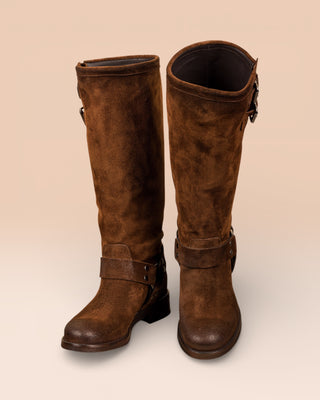 Benheart Maria 994 women's cuoio suede leather boots with buckles and harness strap, front angled and top view.