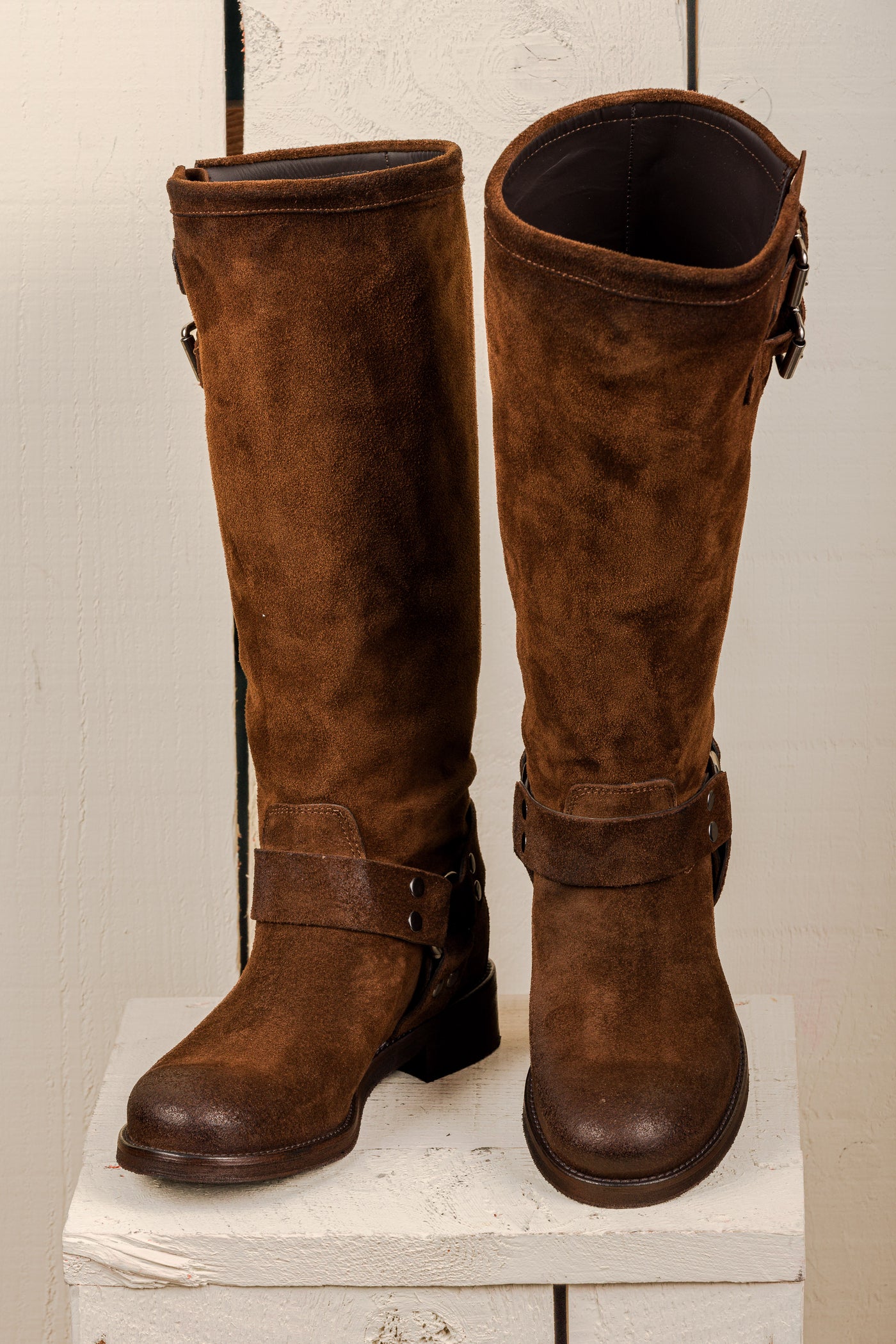 Benheart Maria 994 women's cuoio suede leather boots with buckles and harness strap, front angled and top view.