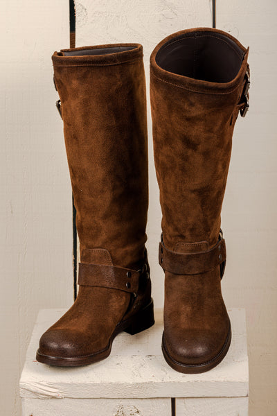 Benheart Maria 994 women's cuoio suede leather boots with buckles and harness strap, front angled and top view.
