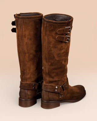 Benheart Maria 994 women's cuoio suede leather boots with buckles and harness strap, rear view.