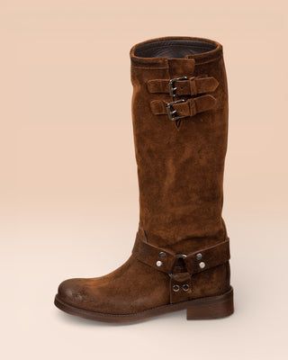 Benheart Maria 994 women's cuoio suede leather boots with buckles and harness strap, side view.